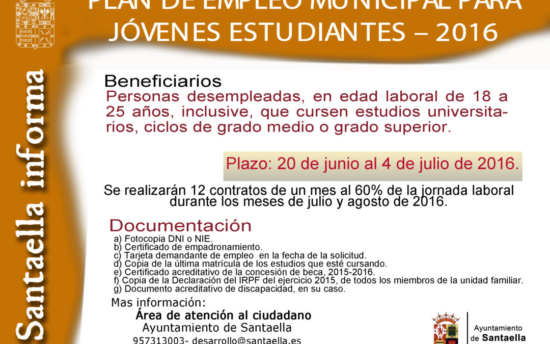 PLAN DE EMPLEO MUNICIPAL PARA JÓVENES ESTUDIANTES 2016.