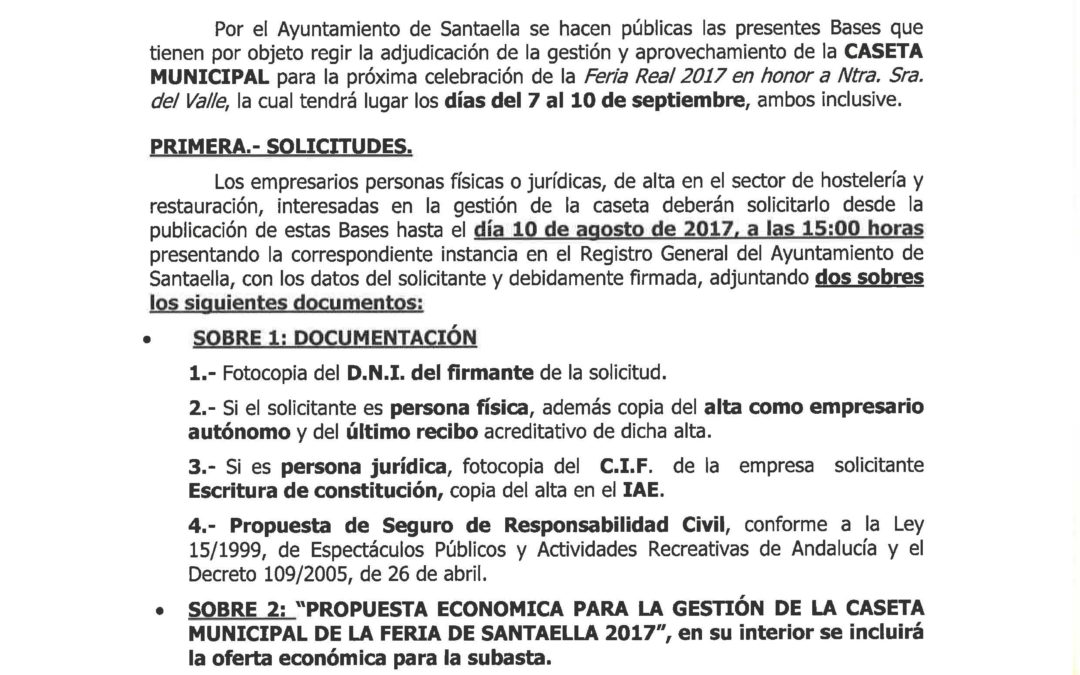 BASES PARA LA ADJUDICACIÓN DE LA CASETA MUNICIPAL DE LA FERIA REAL 2017 DE SANTAELLA