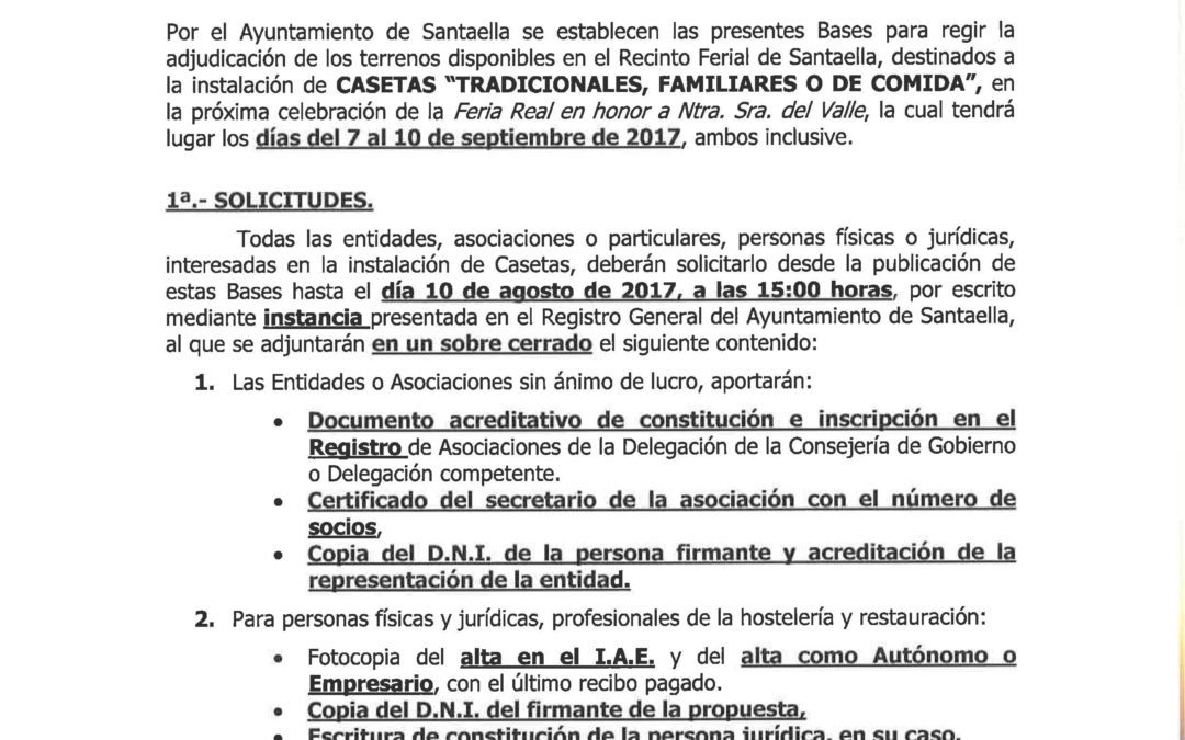 BASES PARA LA ADJUDICACIÓN DE LAS CASETAS TRADICIONALES DE LA FERIA REAL 2017 DE SANTAELLA