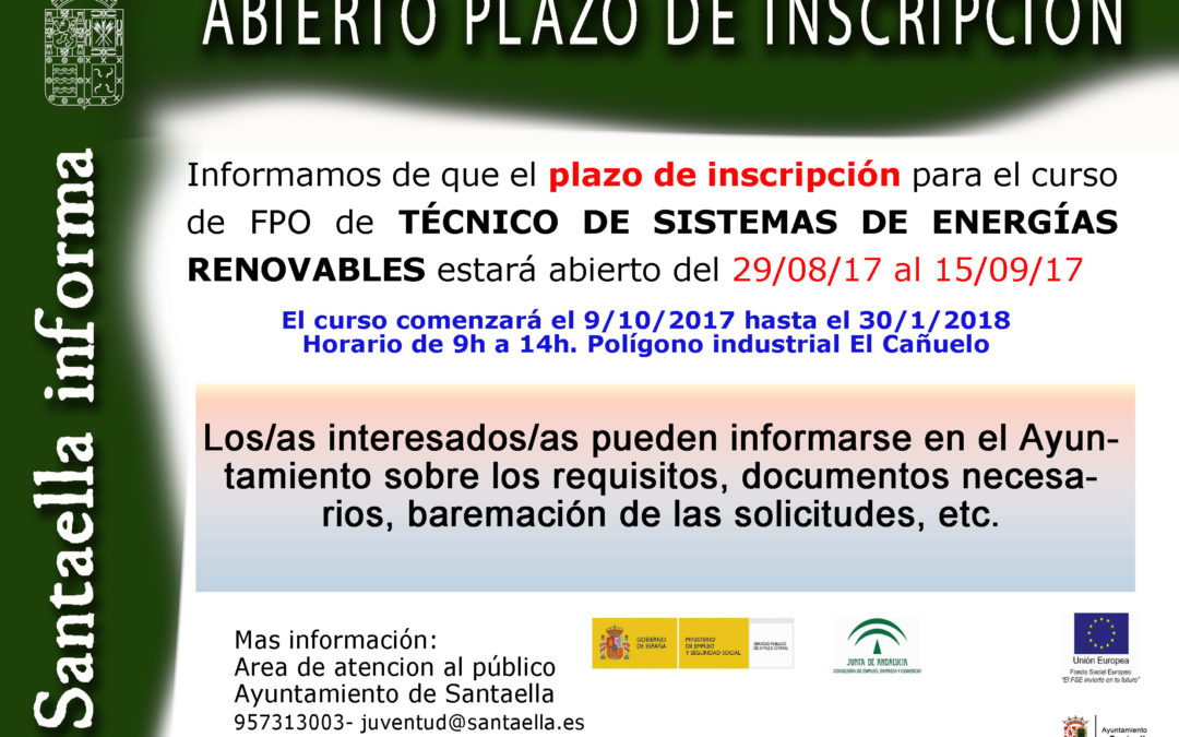 ABIERTO PLAZO DE INSCRIPCIÓN CURSO DE TÉCNICO DE SISTEMAS DE ENERGÍAS RENOVABLES