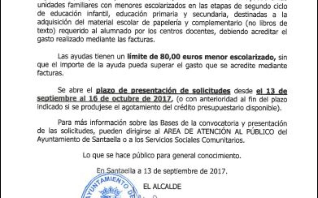 AYUDAS FAMILIARES PARA  MATERIAL ESCOLAR DEL CURSO 2017/2018