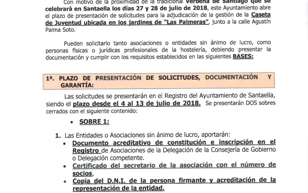 BASES PARA LA ADJUDICACIÓN DE LA CASETA DE LAS PALMERAS DE LA VERBENA DE SANATIAGO 2018