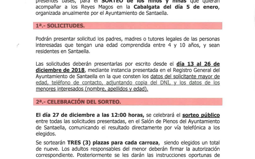 BASES DEL SORTEO DE NIÑOS PARA LA CABALGATA DE LOS REYES MAGOS 2019