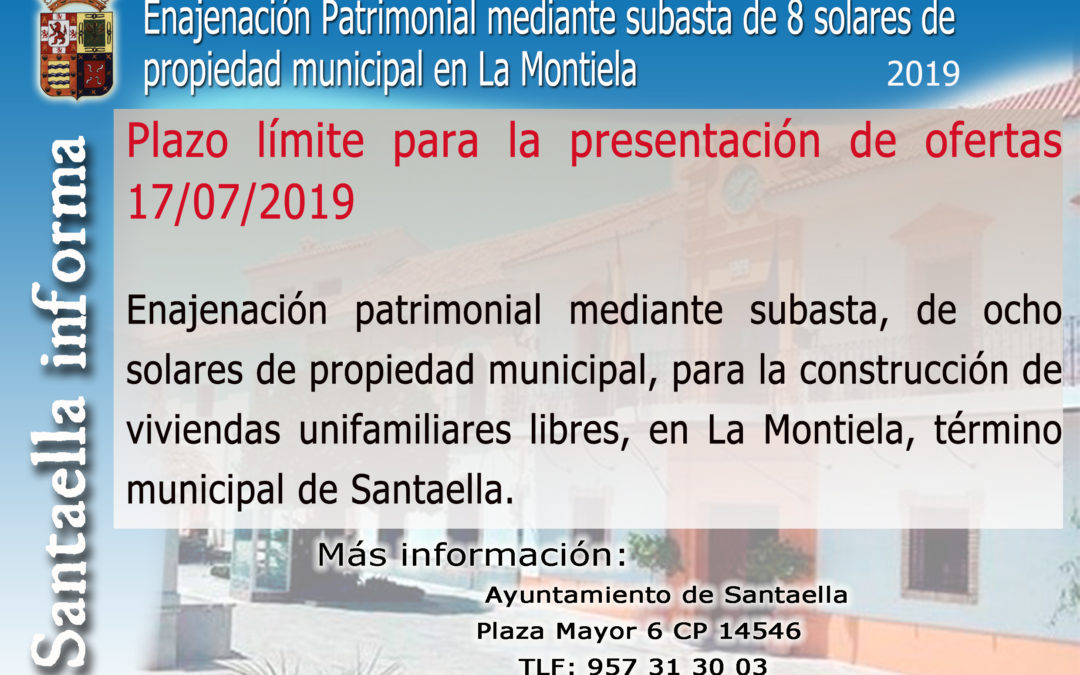 ENAJENACIÓN PATRIMONIAL MEDIANTE SUBASTA DE 8 SOLARES DE PROPIEDAD MUNICIPAL EN LA MONTIELA